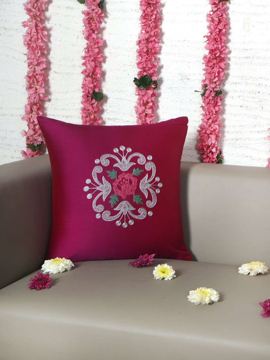 Cushion Cover for Sofa, Bed Polyester Floral Embroidery | Pink - 16x16in(40x40cm) (Pack of 1)
