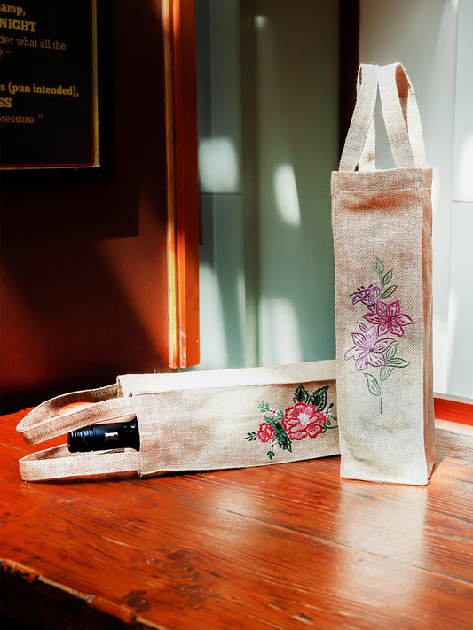 Wine Bottle Gift Bag | Floral Embroidered | Valentine's Day Gift | Brown - 3.5x13 Inch (Set of 2)
