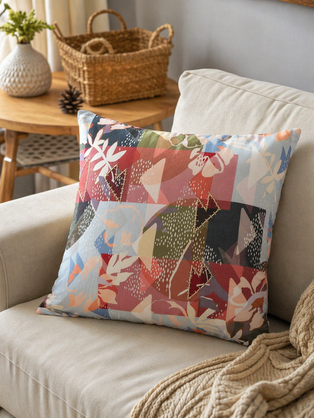 Abstract Floral Embroidered Reversible | 16 x 16 inch | Spring Summer Cushion Cover