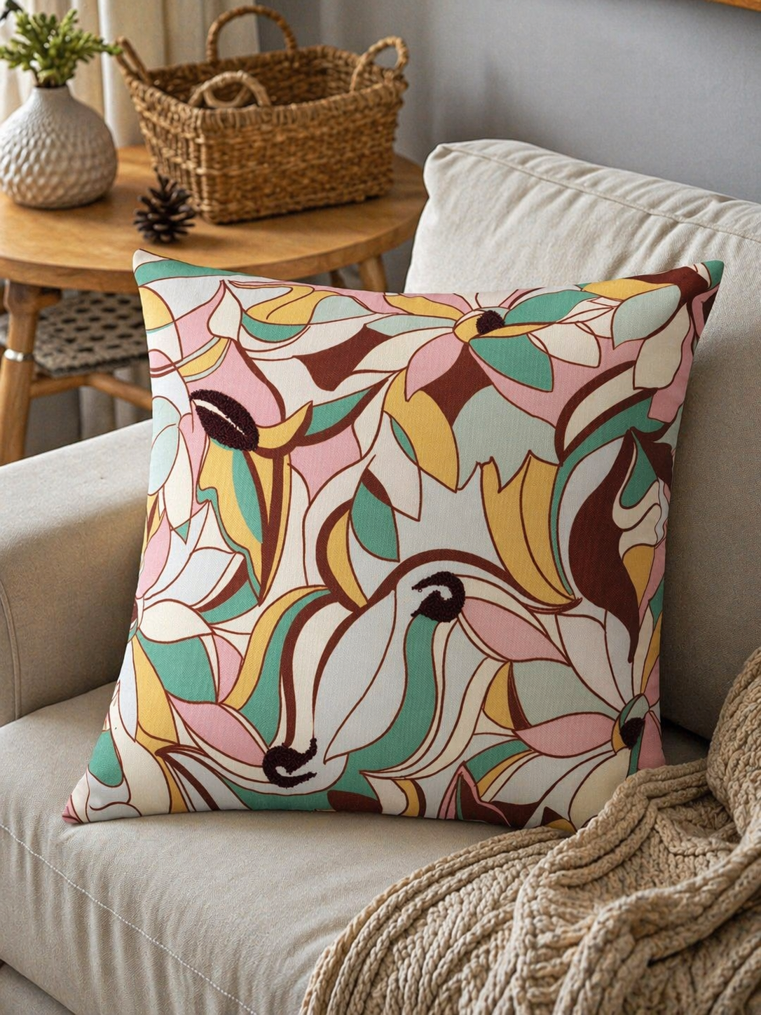Abstract Printed & Embroidered | 16 x 16 inch | Spring Summer Cushion Cover