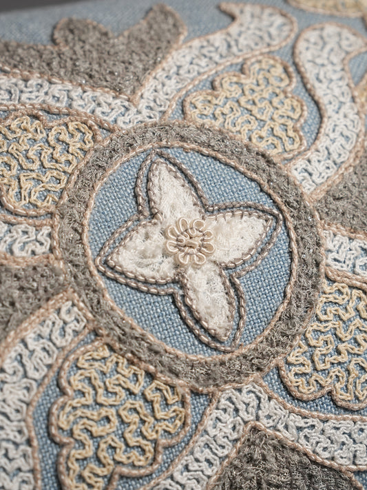Polyester Blend Blue Cushion Cover- Applique & Machine Embroidered with Cord Piping 12x22 inches, Set of 1