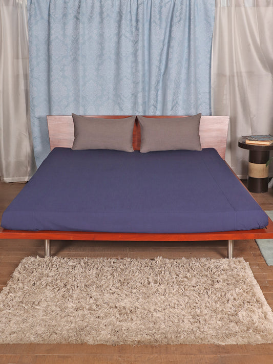 navy blue colored bed cover with 2 contrasting pillow covers made from polyester blend for queen size double bed 90x108 inch