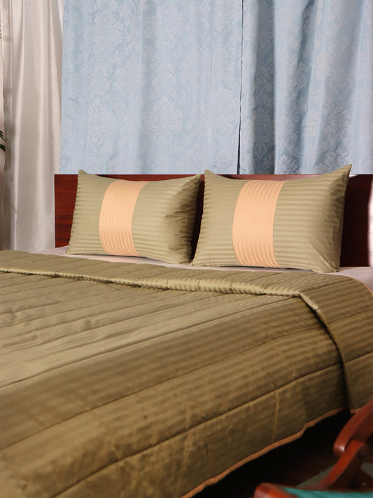 Sage Green colored Striped bed quilt /comforter with 2 matching pillow covers made from polyester front and cotton backed quilt for king size double bed