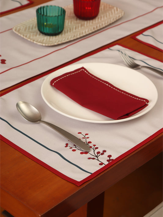 red and white floral embroidered placemats and napkins in contrast colors - 13x19inch