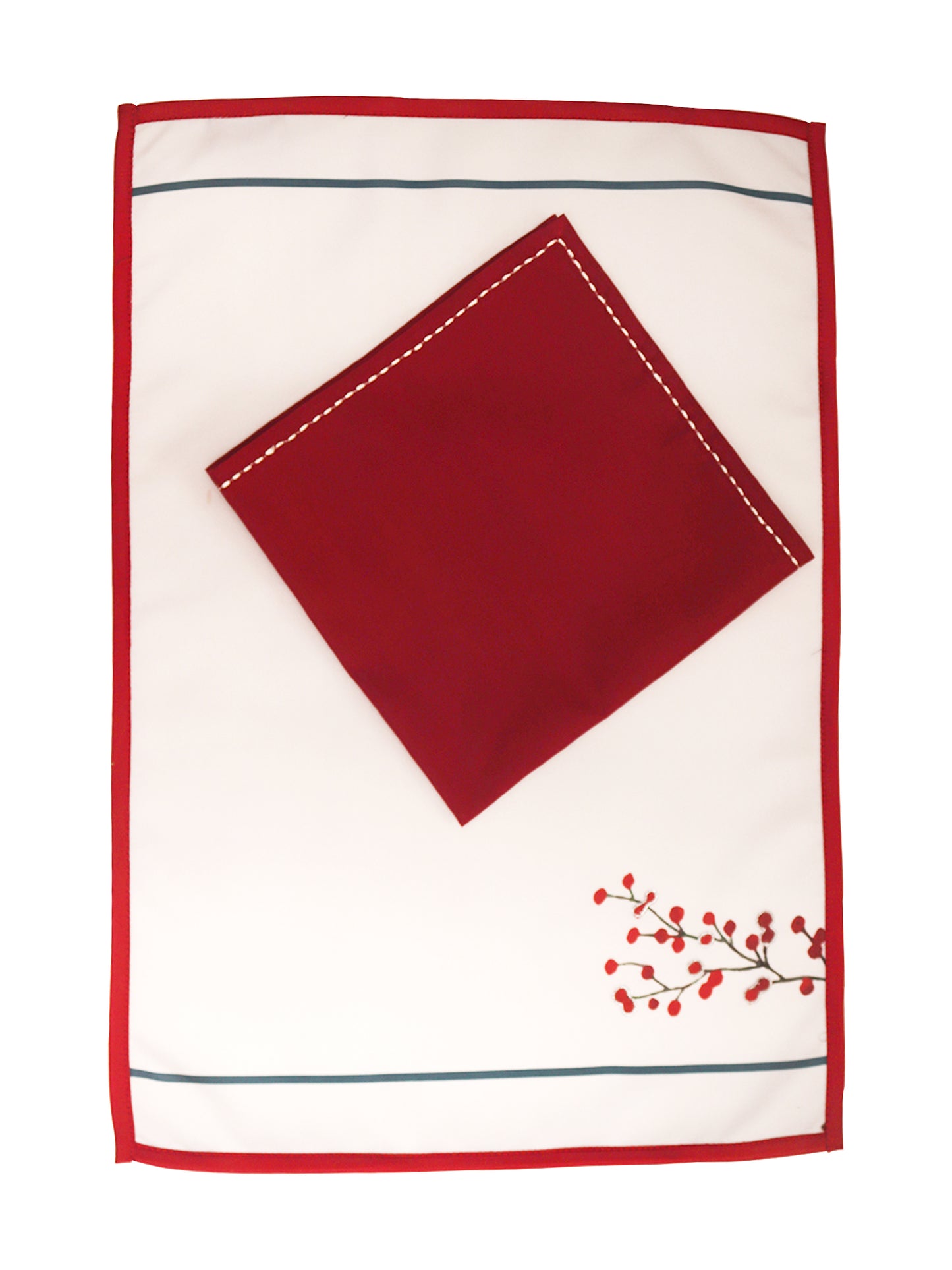 red and white floral embroidered placemats and napkins in contrast colors - 13x19inch