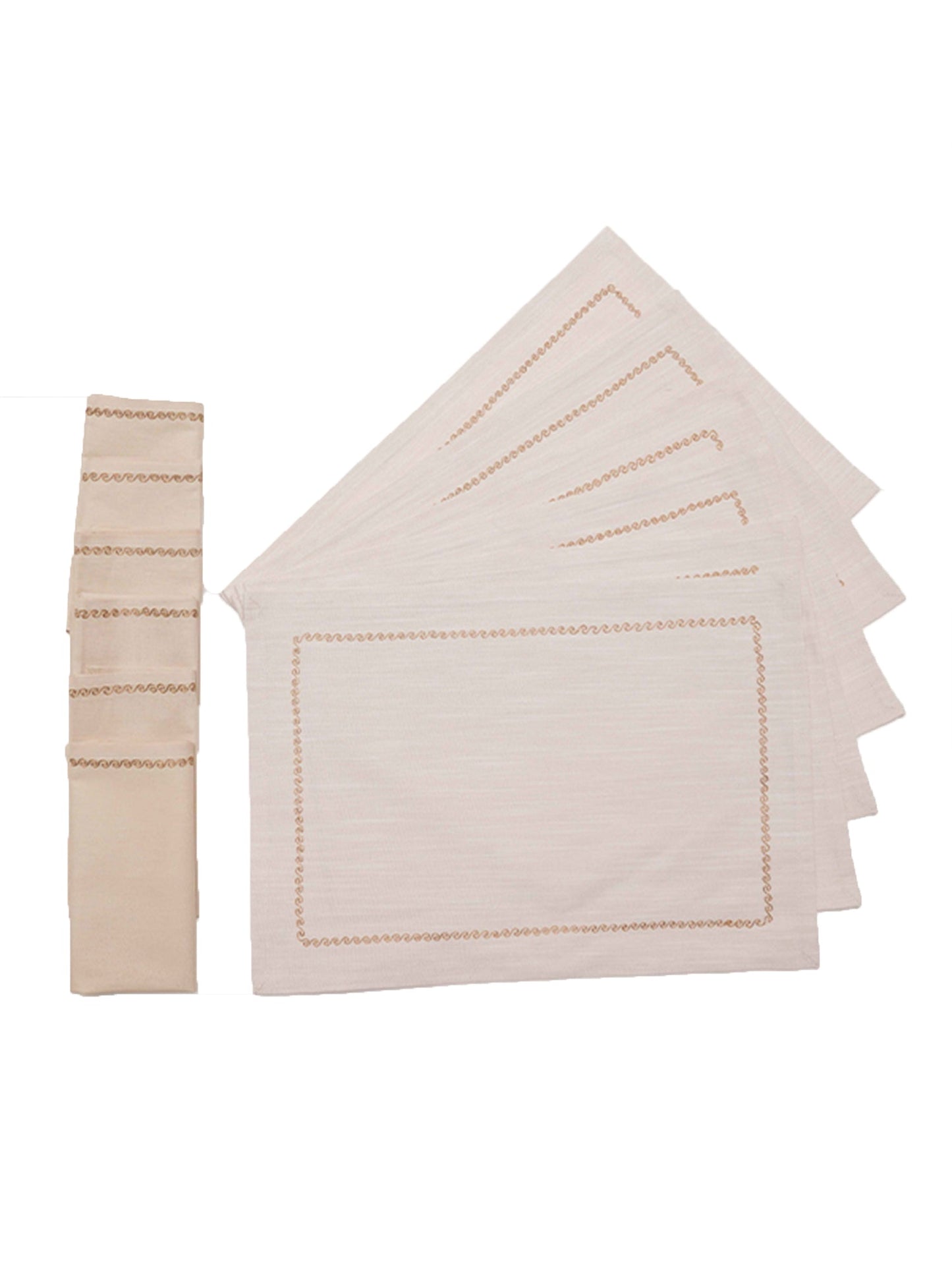 wavy pattern embroidered dinner table placemats and matching embroidered napkins in offwhite - 13x19 inch