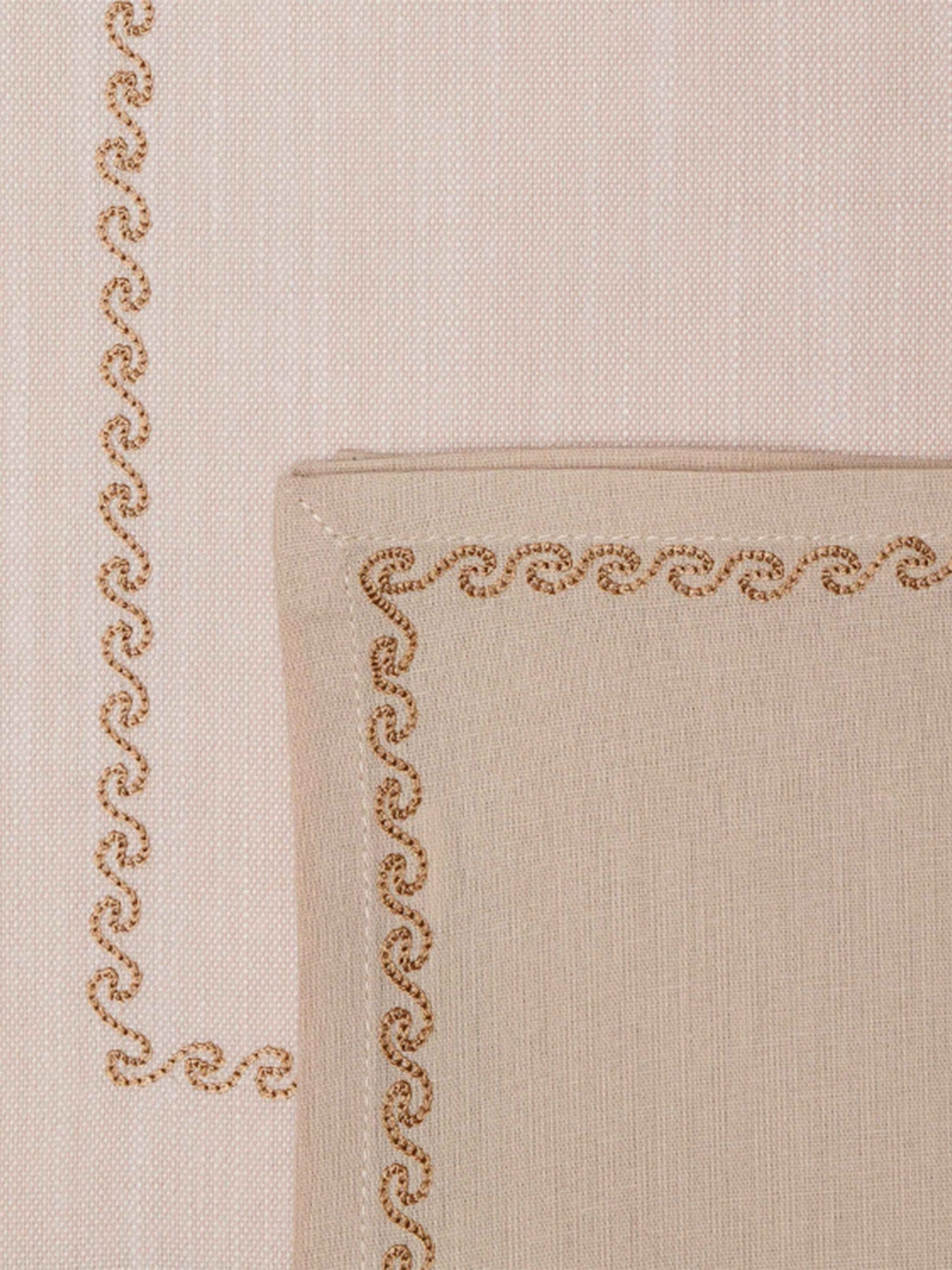 closeup of wavy pattern embroidered dinner table placemats and matching embroidered napkins in offwhite - 13x19 inch