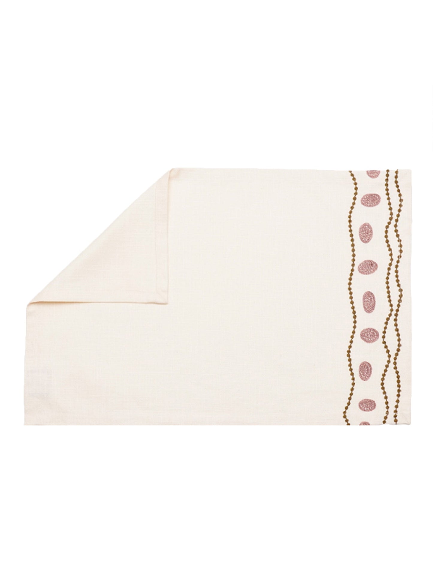 Table Mats and Napkins Cotton Blend and 100% Cotton Embroidered Off-White and Coral - 13" x 19" ; 16" x 16" - Set of 6
