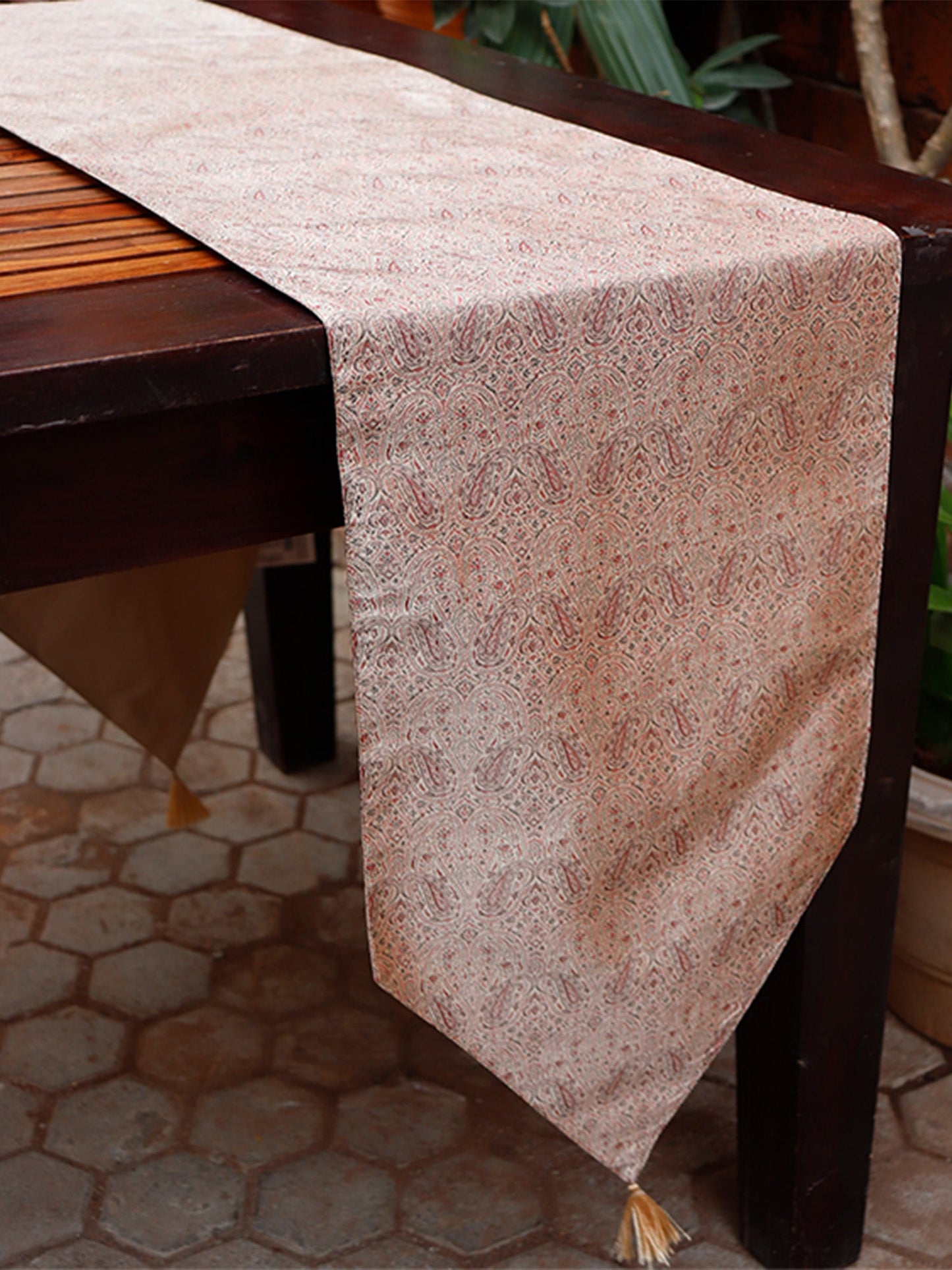 Table Runner 100% Polyester  Paisley Brocade Silk Beige - 12" X 84"