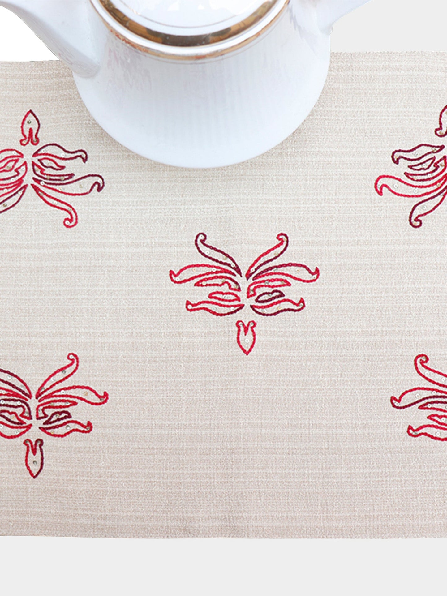 hand embroidered white table runner with floral pattern for 6 seater table - 12x84 inches