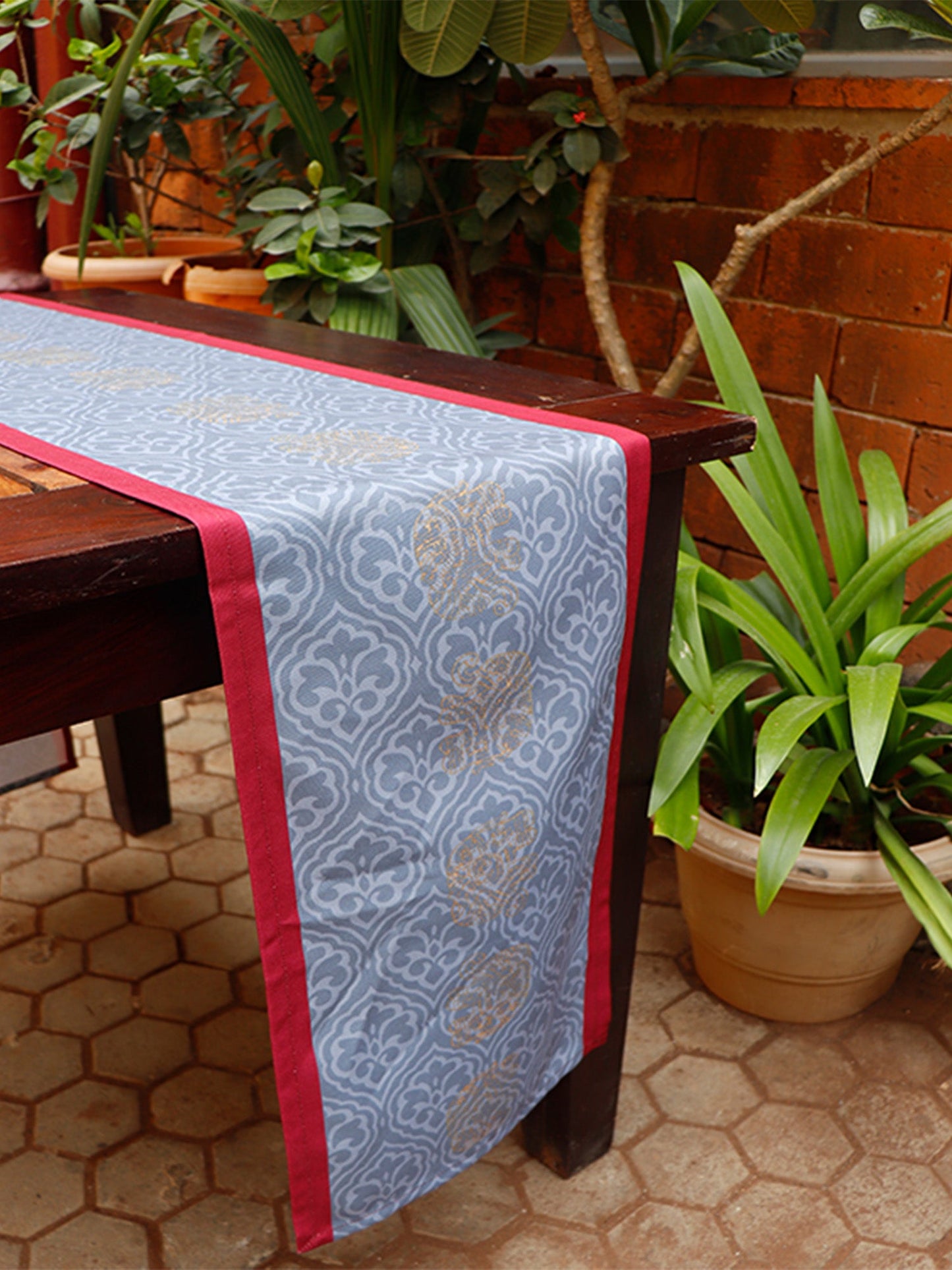 Table Runner Poly Canvas Block Print With Elephant Motif Maroon Grey - 12" X 84"