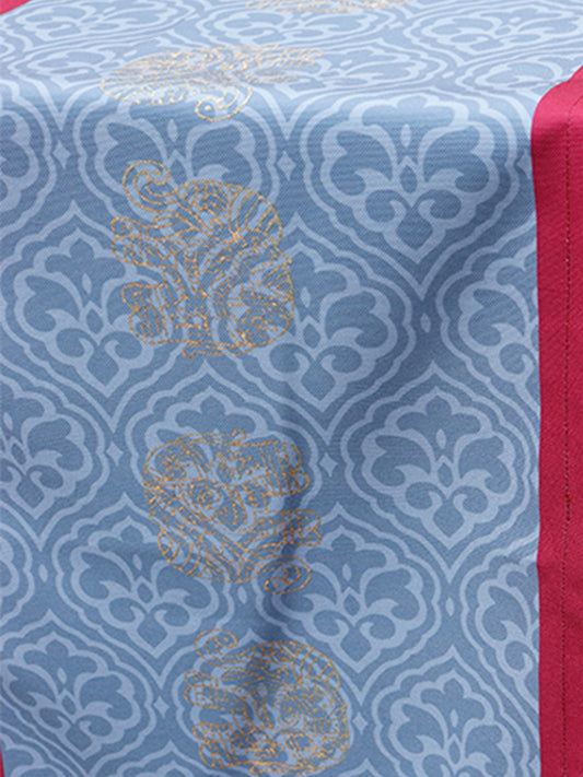 Table Runner Poly Canvas Block Print With Elephant Motif Maroon Grey - 12" X 84"