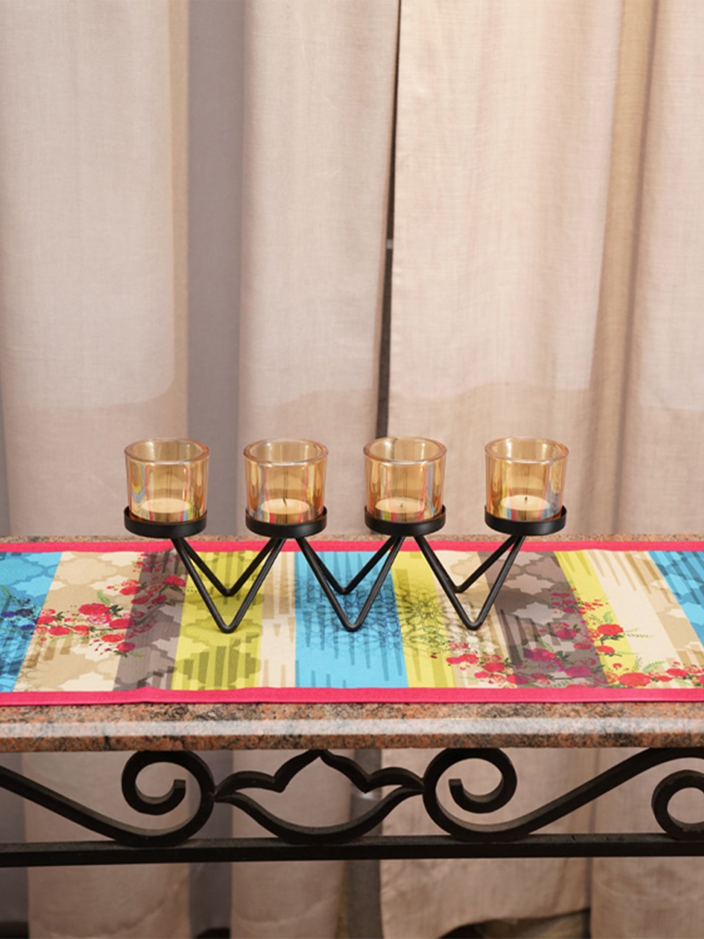 Table Runner Cotton Blend Geometric Floral Abstract Multi - 12" X 84"