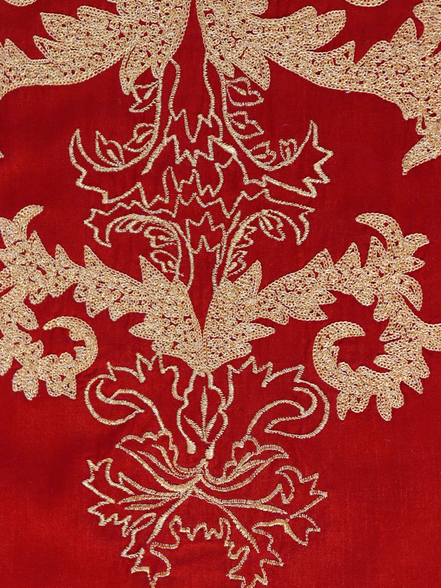 closeup of golden embroidery on red colored table runner - 12x84 inch