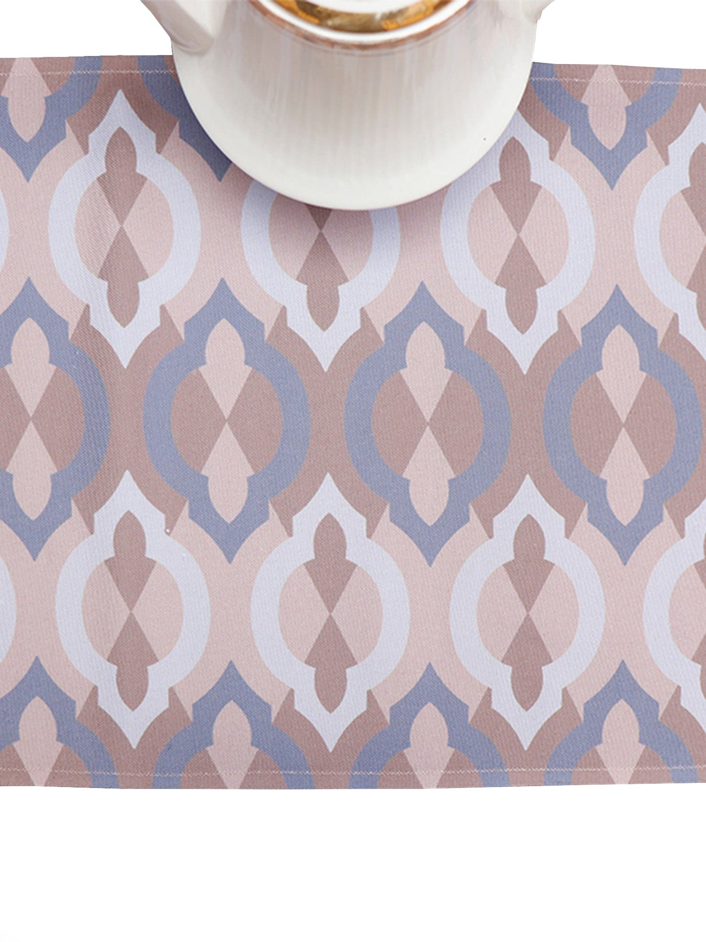 Table Runner Poly Canvas Abstract Ogee Printed Brown Peach - 12" X 84"