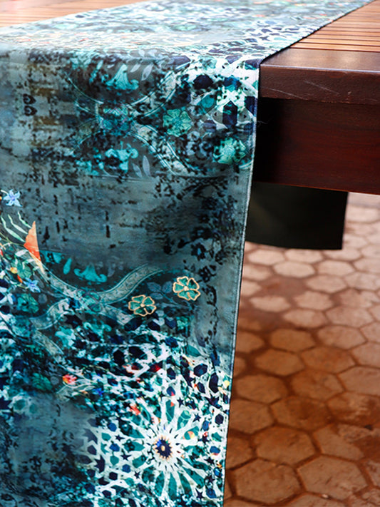 velvet table runner with mughal inspired print and embroidery - 12x84 inch