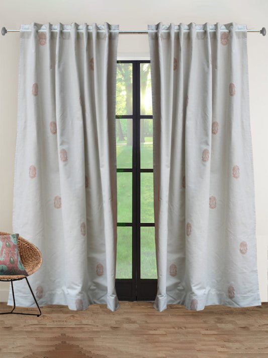 Door Curtain Cotton Blend Beautiful Gemotric Paisley Light Grey And Bronze Khadi - 52" X 90"