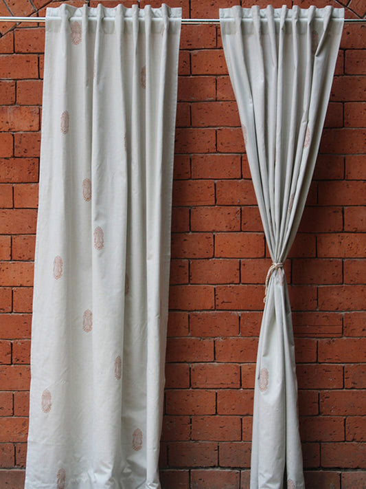 Door Curtain Cotton Blend Beautiful Gemotric Paisley Light Grey And Bronze Khadi - 52" X 90"