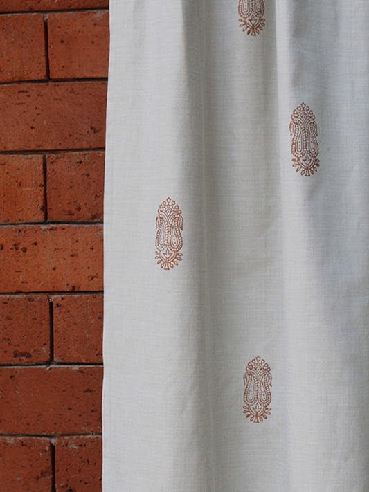 Door Curtain Cotton Blend Beautiful Gemotric Paisley Light Grey And Bronze Khadi - 52" X 90"