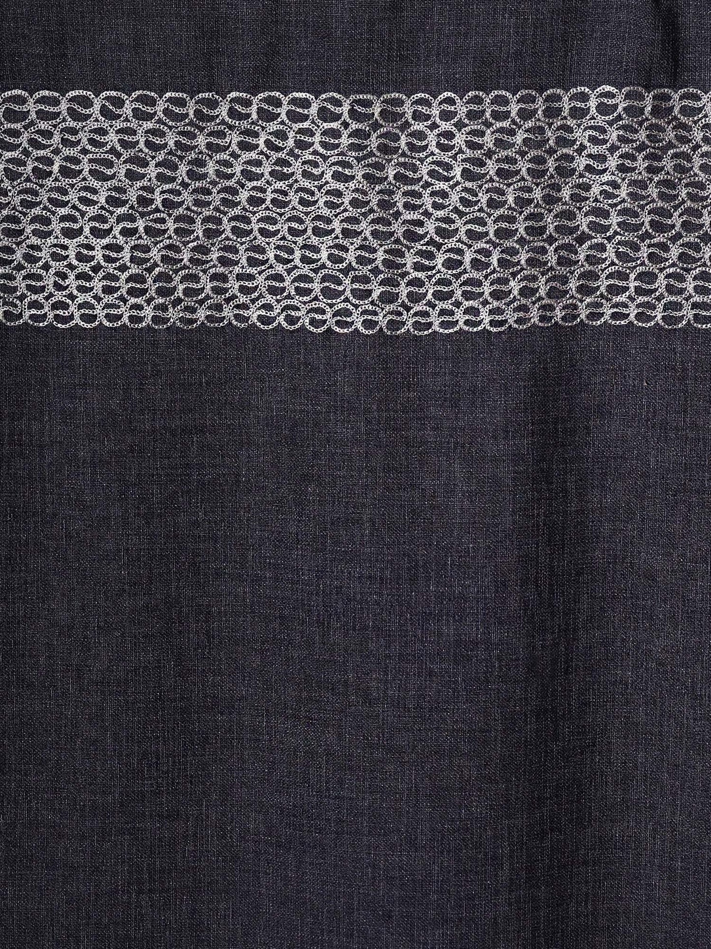 closeup of embroidered window curtain in set of 2 panels in dark blue color with rod pocket for hanging - 50x60 inches