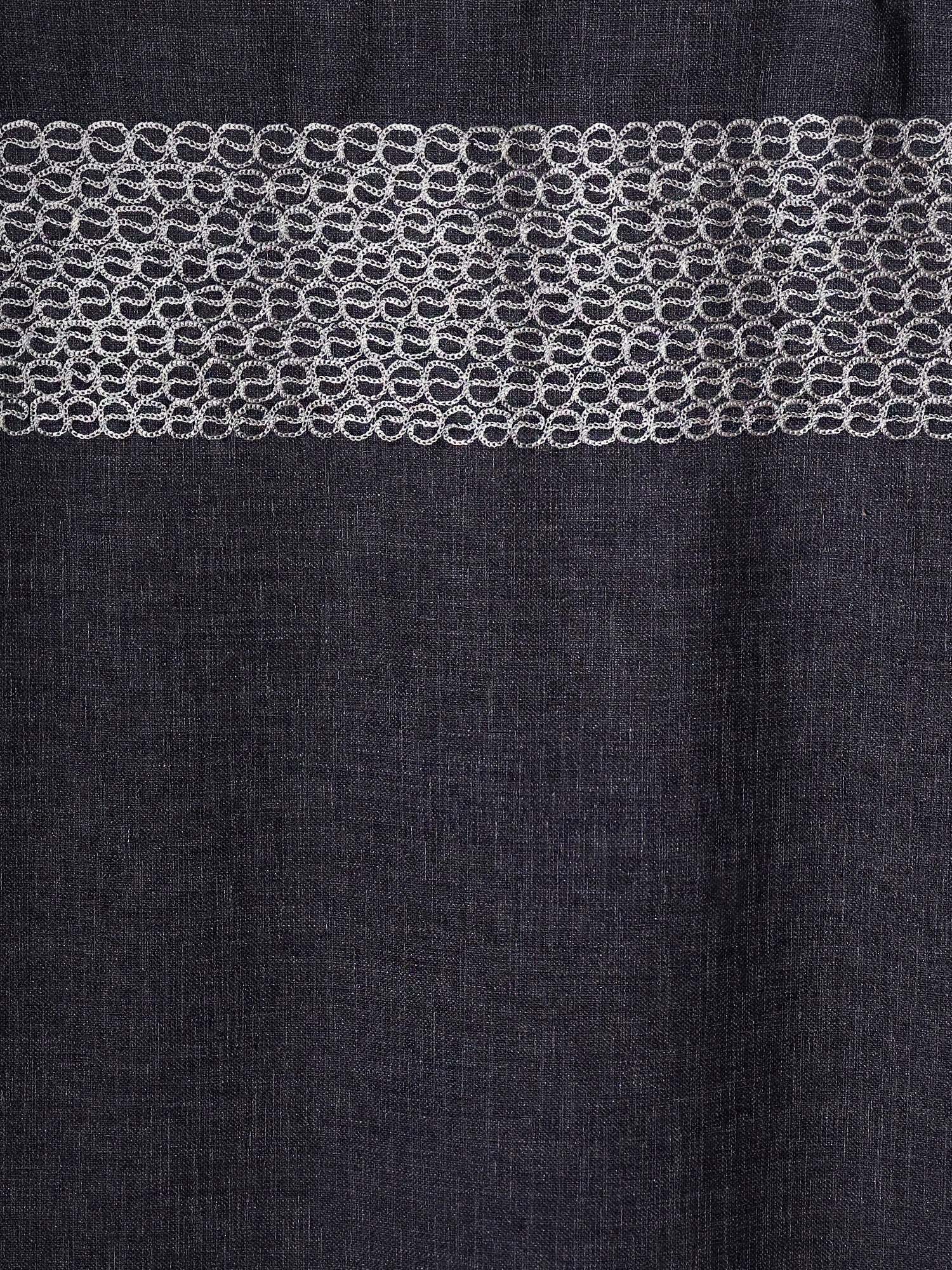 closeup of embroidered window curtain in set of 2 panels in dark blue color with rod pocket for hanging - 50x60 inches