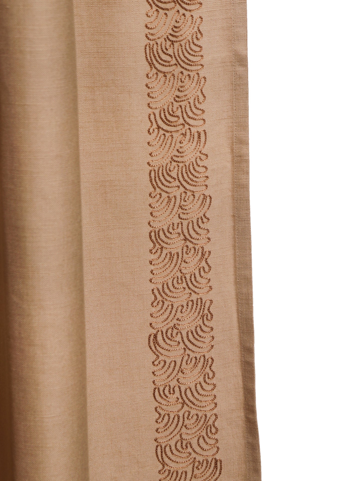 closeup of side embroidered door curtains with rod pocket in beige, 7.5 feet - 52x90 inch