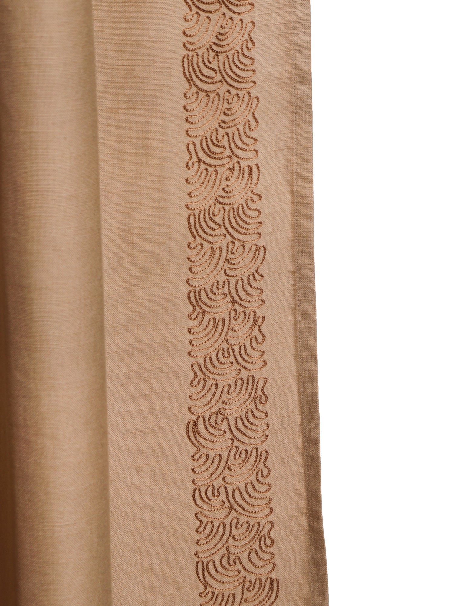 closeup of side embroidered door curtains with rod pocket in beige, 7.5 feet - 52x90 inch