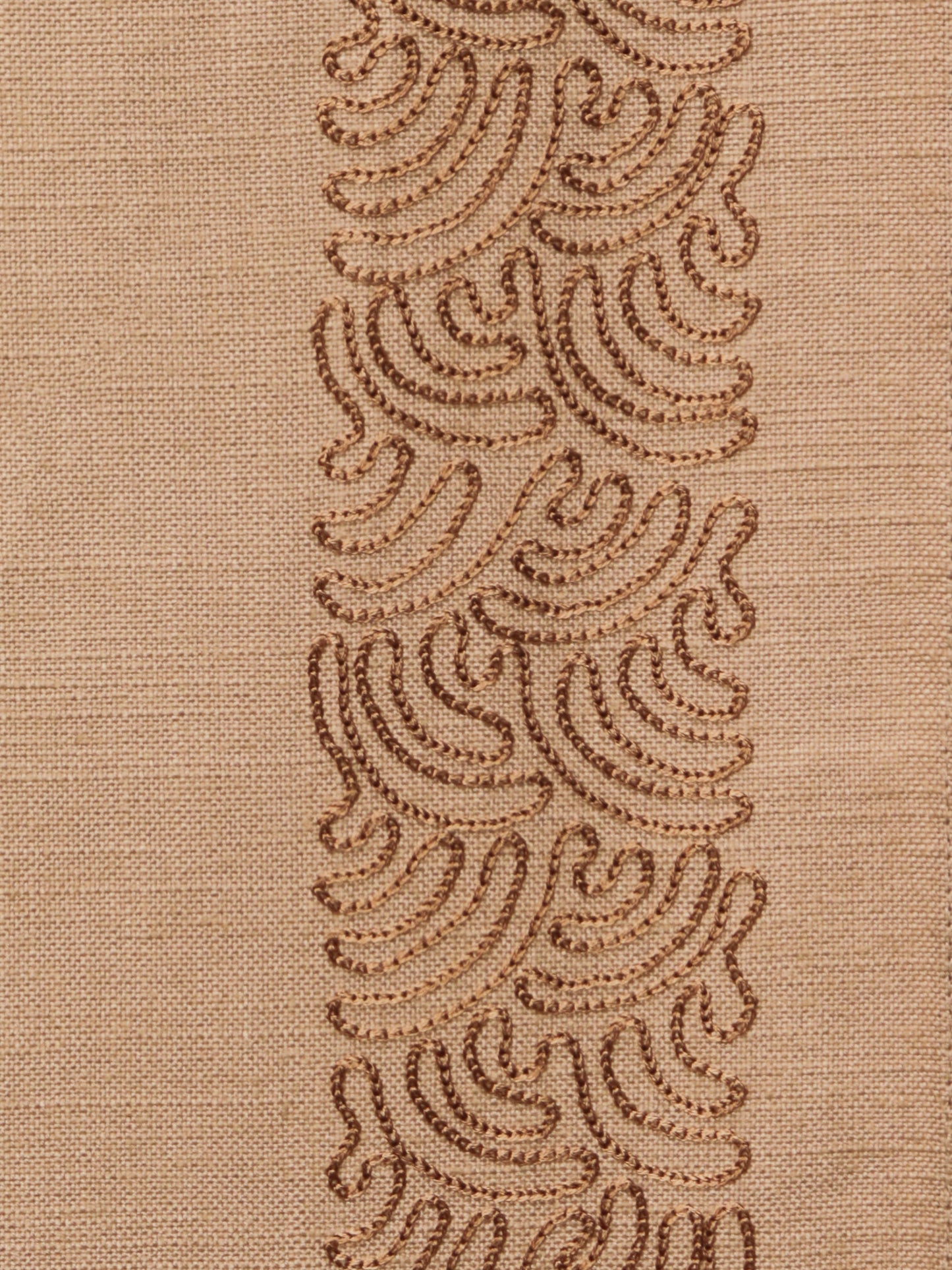 closeup of embroidered door curtains with rod pocket in beige, 7.5 feet - 52x90 inch