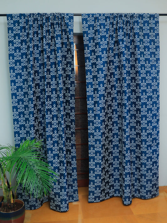 set of 2 door curtains with abstract print on dark blue color with rod pocket - 7.5 feet, 52x90 inch