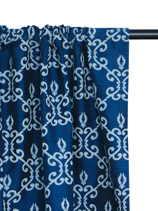 closeup of door curtains with abstract print on dark blue color with rod pocket - 7.5 feet, 52x90 inch