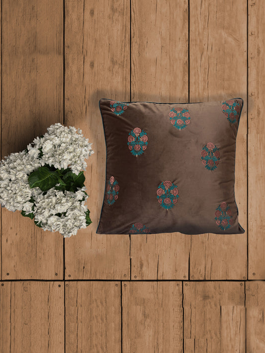 Embroidered Cushion Cover Velvet Cord Piping Off White/Green - 20" X 20"