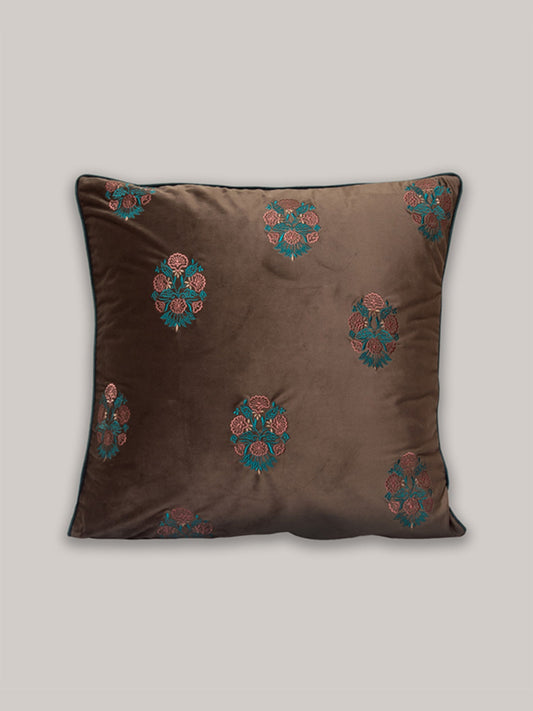 Embroidered Cushion Cover Velvet Cord Piping Off White/Green - 20" X 20"