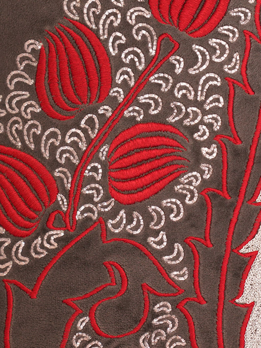 Embroidered Cushion Cover Velvet Grey - 16" X 16"