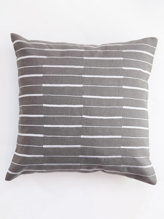 Embroidered Cushion Cover Cotton Linen Striped Dark Grey - 16" X 16"