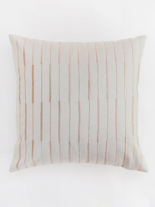 Embroidered Cushion Cover Polyester Blend Striped Light Beige - 16" X 16"