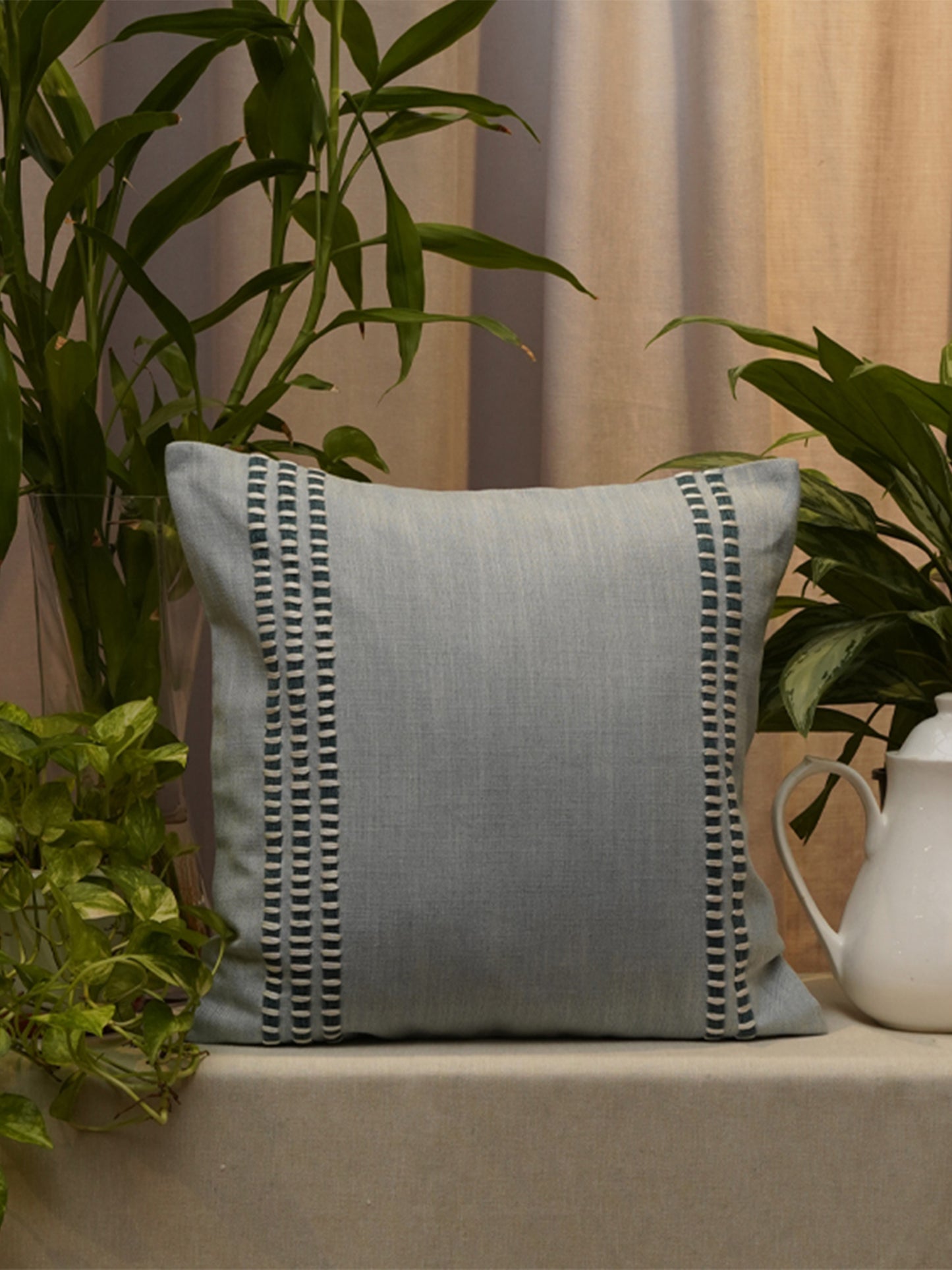 Embroidered Cushion Cover Cotton Blend Beige - 16" X 16"