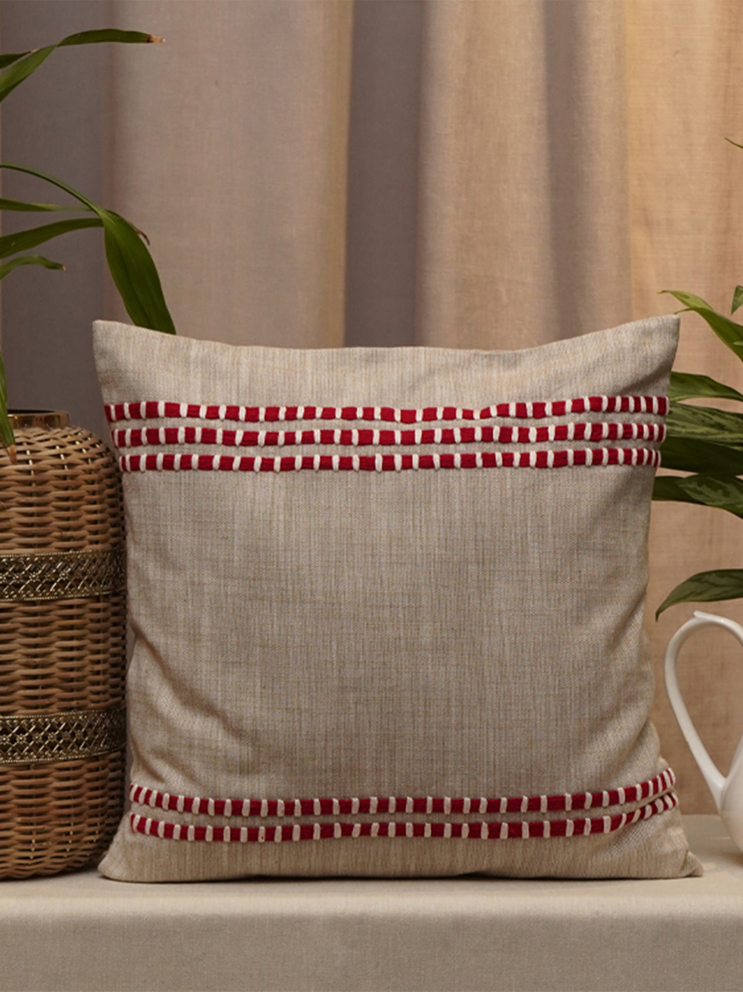 Embroidered Cushion Cover Cotton Blend Beige - 16" X 16"
