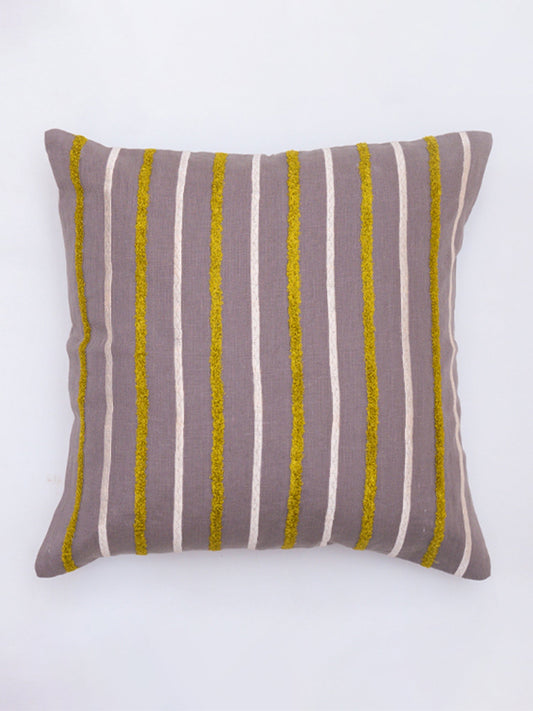 Embroidered Cushion Cover Cotton Blend Striped Plum - 16" X 16"