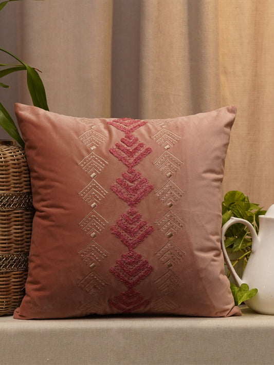 Embroidered Cushion Cover Velvet Peach Brown - 16" X 16"