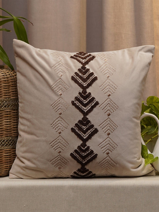Embroidered Cushion Cover Velvet Off White - 16" X 16"