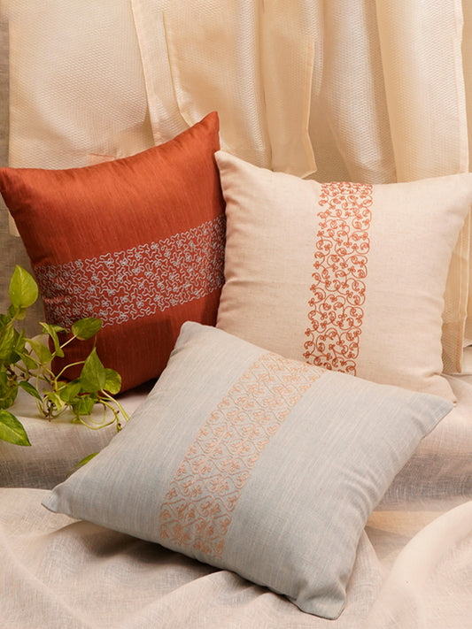 Co-ordinated Cushion Cover Set Of 3 Cotton Blend Embroidered Multi Color -16" x 16"
