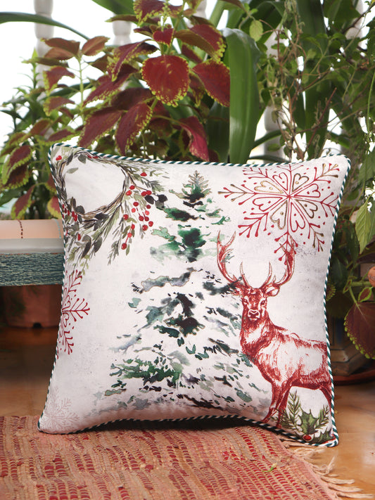 Printed Reindeer Cushion Cover with Antique Gold Embroidery and Cord Piping Cotton Blend Multi - 16" x 16"