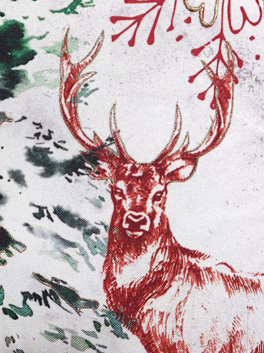 Printed Reindeer Cushion Cover with Antique Gold Embroidery and Cord Piping Cotton Blend Multi - 16" x 16"