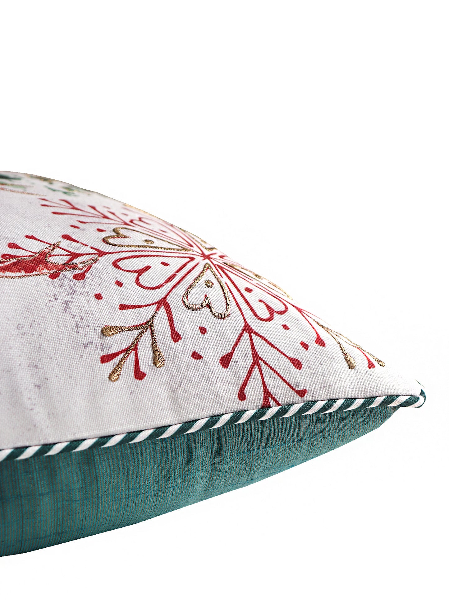 Printed Reindeer Cushion Cover with Antique Gold Embroidery and Cord Piping Cotton Blend Multi - 16" x 16"