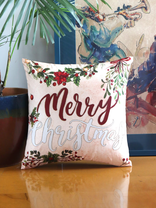 Printed and Antique golden Embroidery Cushion Cover Cotton Polyester Beige - 16" x 16"