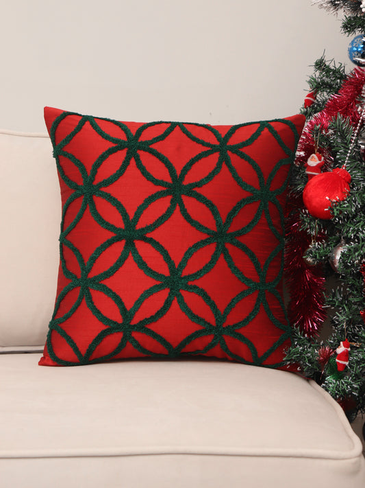 Embroidered Cushion Cover Cotton Blend Red Green - 16" x 16"