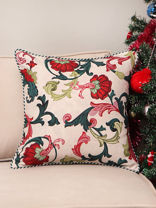 Embroidered & Printed Cushion Cover with Cord Piping Floral Cotton Blend Multi - 16" x 16"