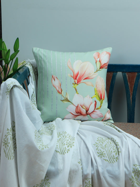 Embroidered Cushion Cover Floral Digital print With Hand embroidered Green/Pink - 16" X 16"