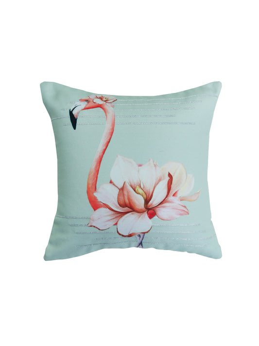 Embroidered Cushion Cover Flamingo with Digital print Green/Pink - 12" X 12"