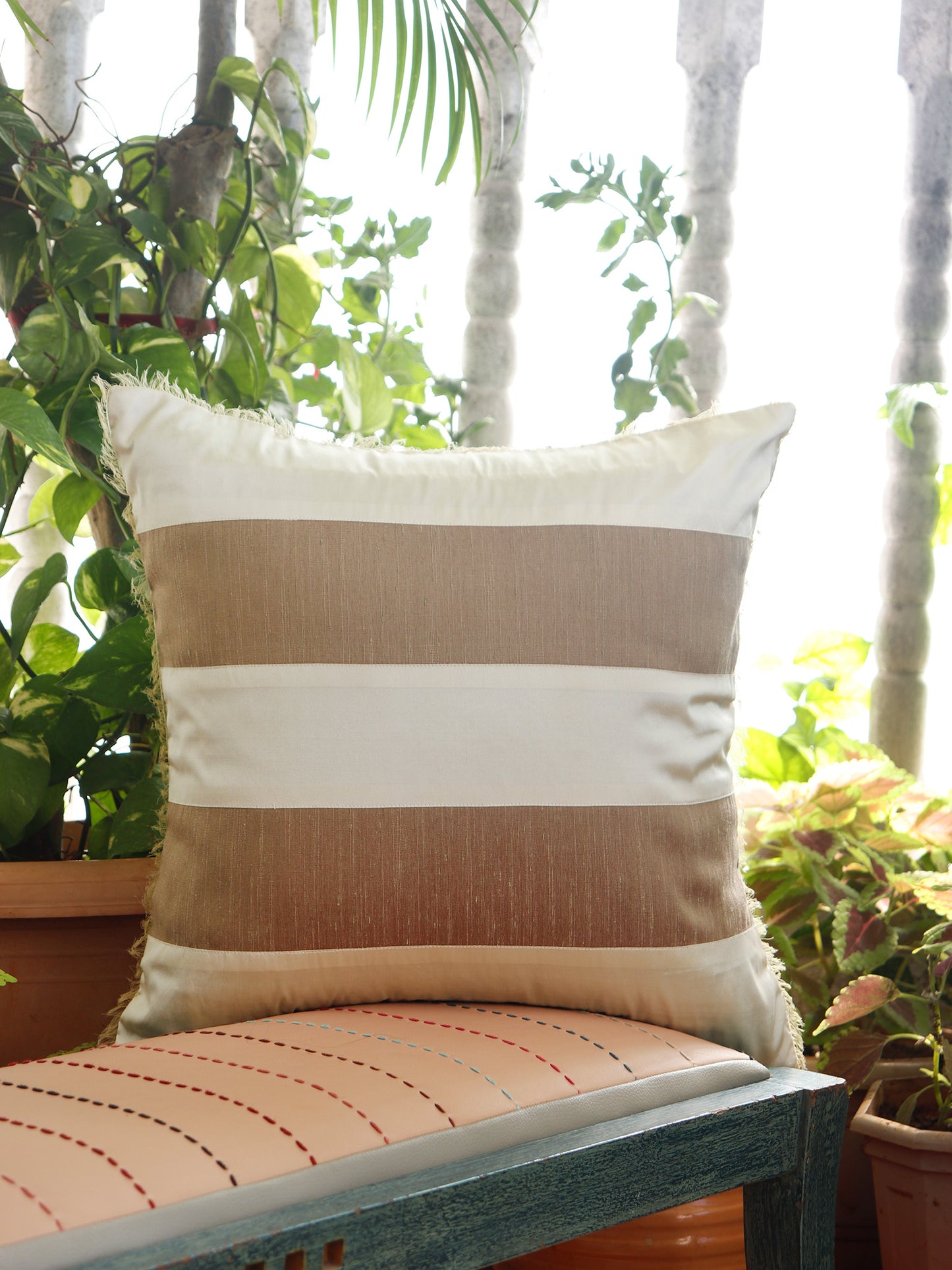 Patchwork Cushion Cover with Frayed Edges | 16" x 16" Off-White Polyester Blend